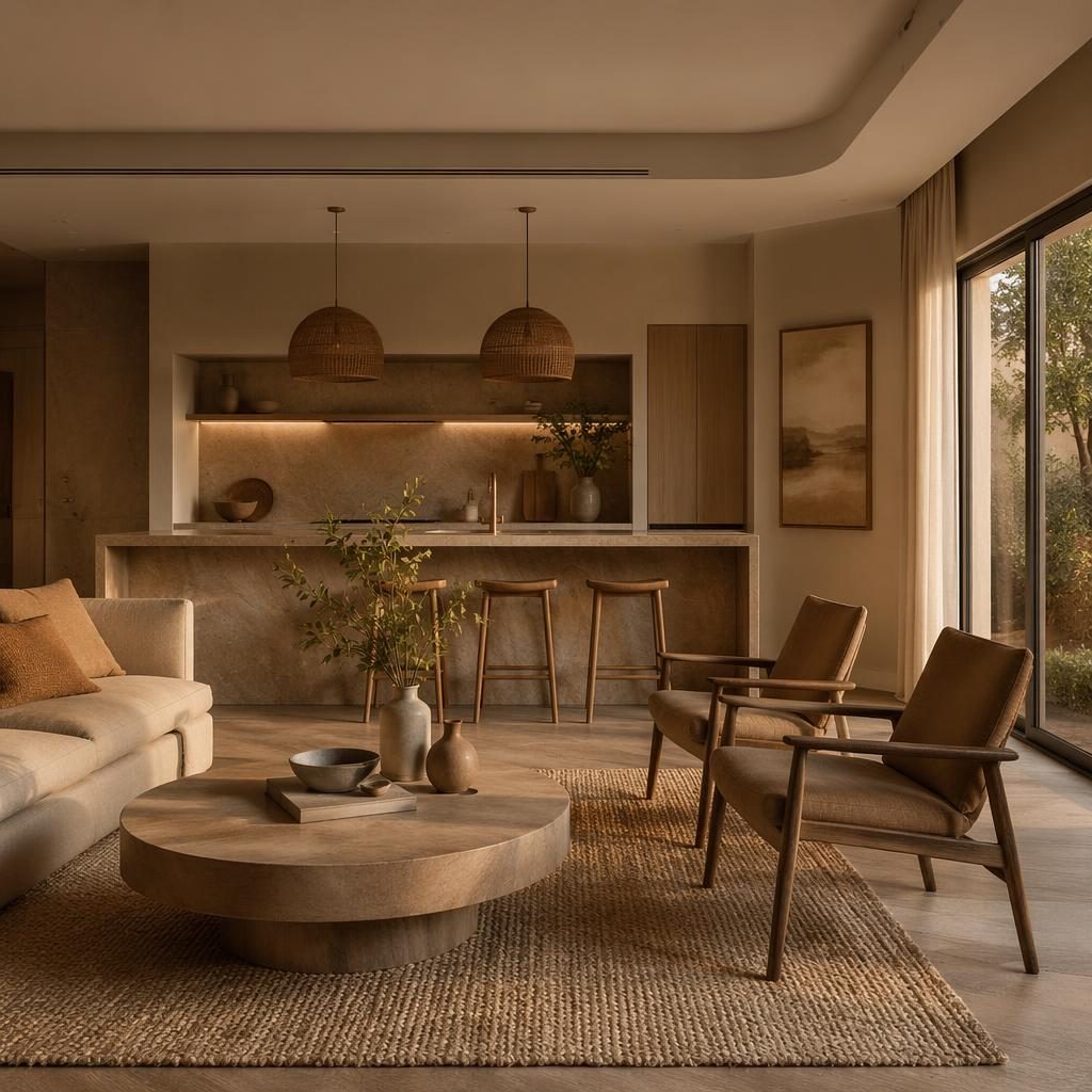 Earth-tone living room with warm neutral palette, natural materials, plants, art, textiles, and golden hour light