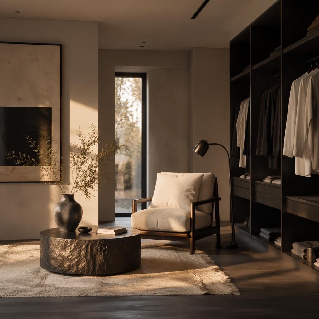 Modern minimalist black and white walk-in closet with a wabi sabi reading corner, natural materials, plants, art, and warm golden hour light.