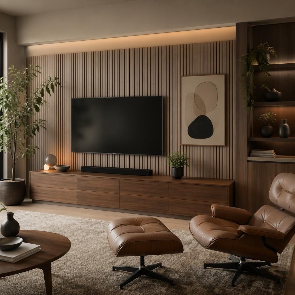 Skandinavisches Schlafzimmer in Erdtönen mit Mid-Century-Leselounge, Pflanzen, Kunst, Textilien und natürlichem Licht