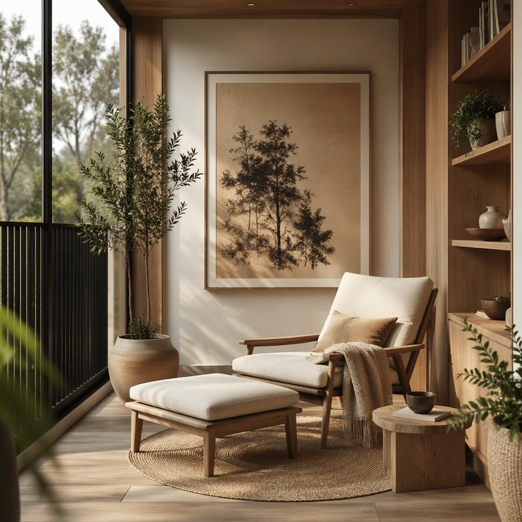 Realistic interior render of a warm neutral farmhouse reading nook with a Japandi balcony, plants, textiles, art, and soft daylight.