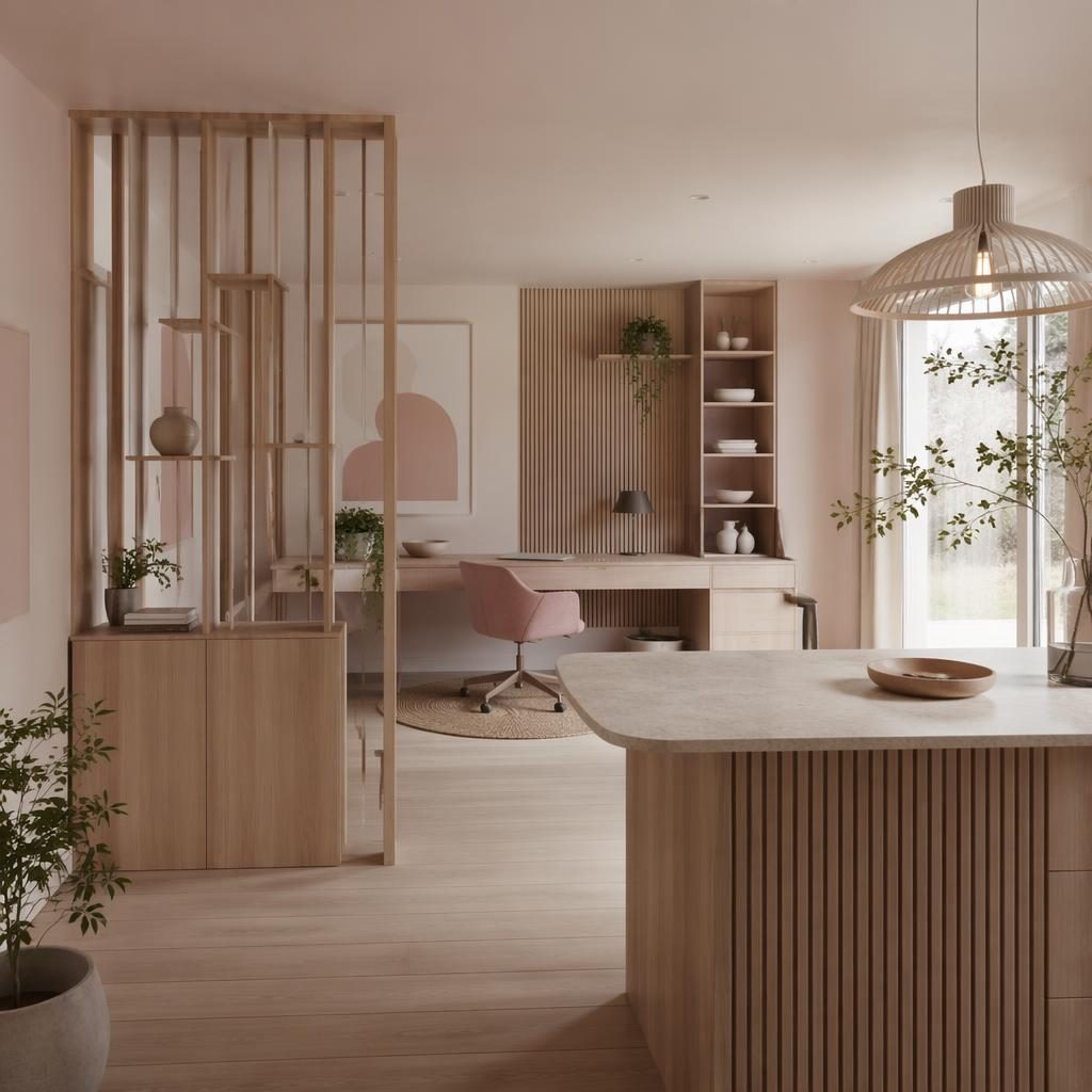 Scandinavian Japandi home office with kitchen island, pastel pink and beige decor, plants, art, textiles, soft daylight.