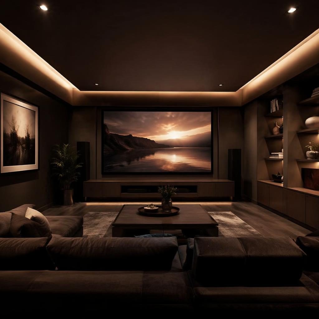 Dark luxury home office and cinema interior in pastel pink and beige with warm evening light, plants, art, textiles, no people.