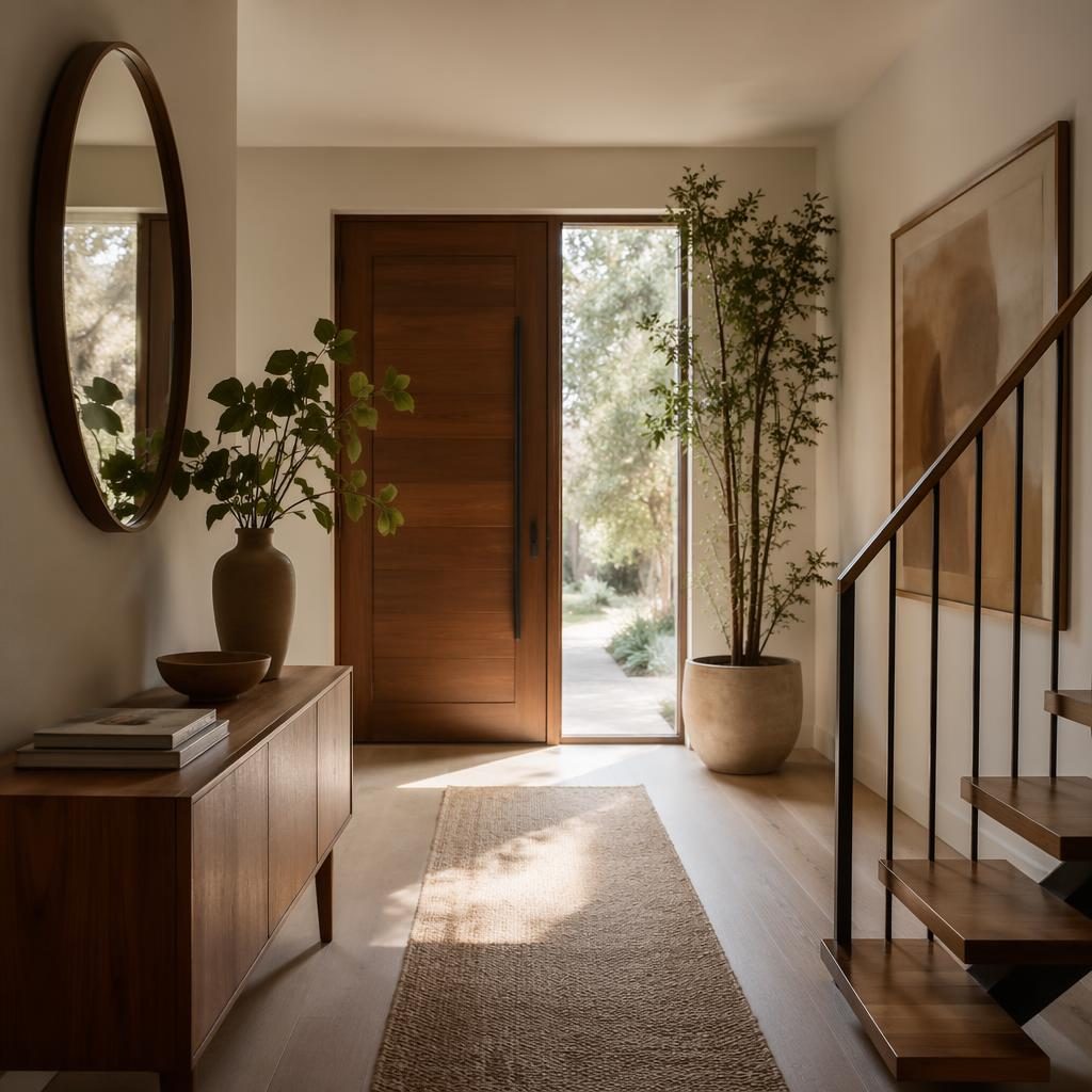 Interior de cocina-comedor minimalista con madera cálida, tonos tierra, luz natural, plantas, arte y textiles.