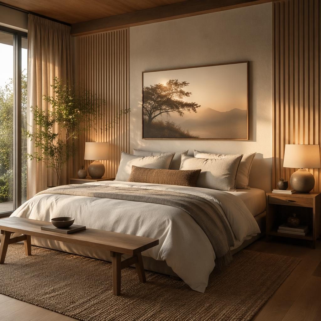 Interior japandi de lujo con isla de cocina, paleta azul y latón, materiales naturales, plantas, arte y luz dorada
