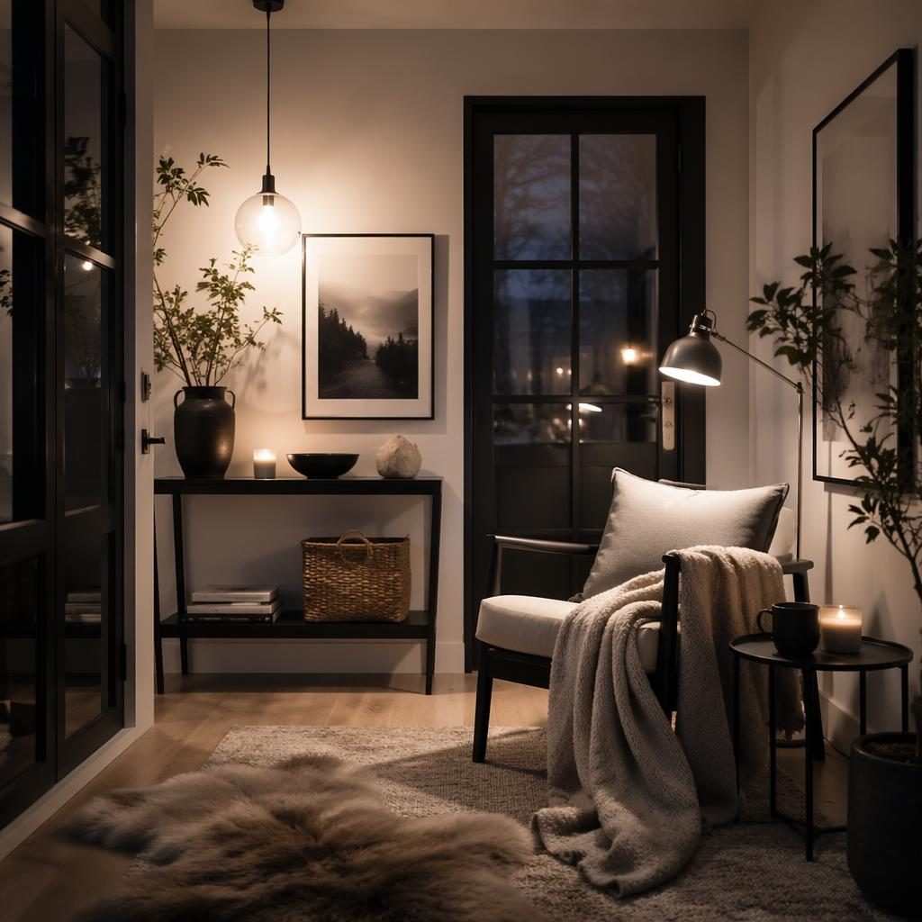Entrée scandinave noir et blanc avec coin lecture cocooning, matières naturelles, plantes, art mural et lumière du soir.