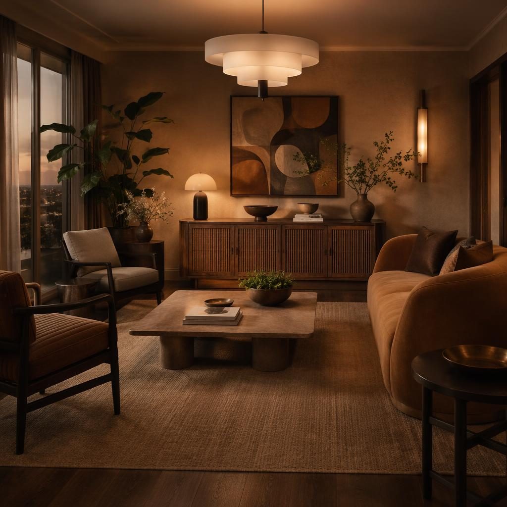 Realistisch gerendertes Wohnzimmer in Erdtönen mit natürlichen Materialien, Pflanzen, Textilien und warmem Abendlicht