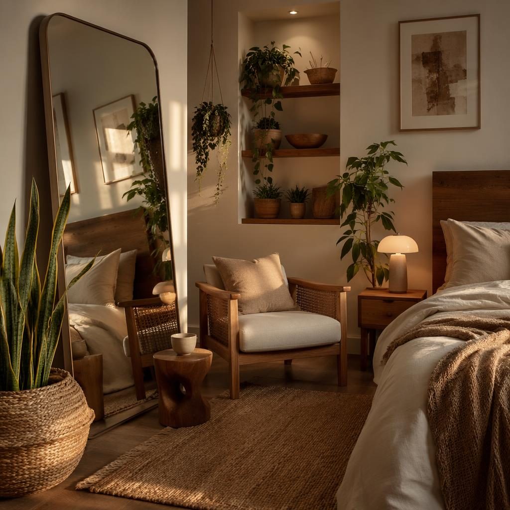 Luxury contemporary bedroom in earth tones with a boho reading corner, plants, textiles, art, and warm golden hour light.
