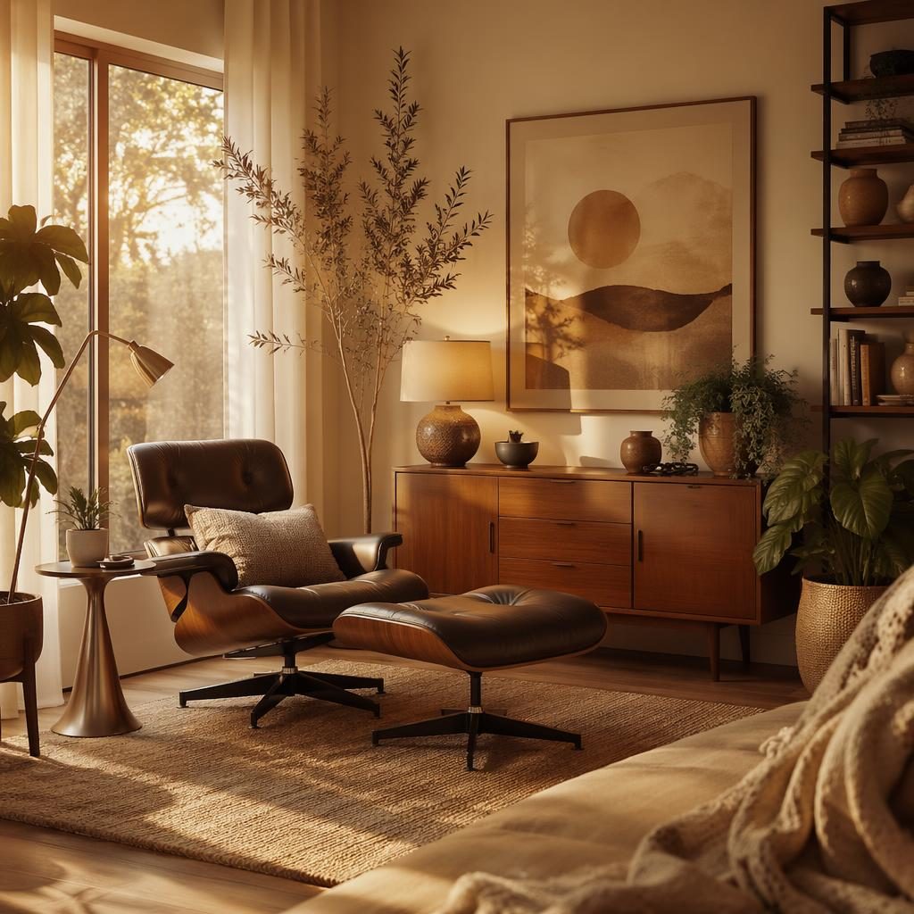 Boho mid century living room with a reading nook, warm neutral tones, plants, art, textiles, and golden hour light