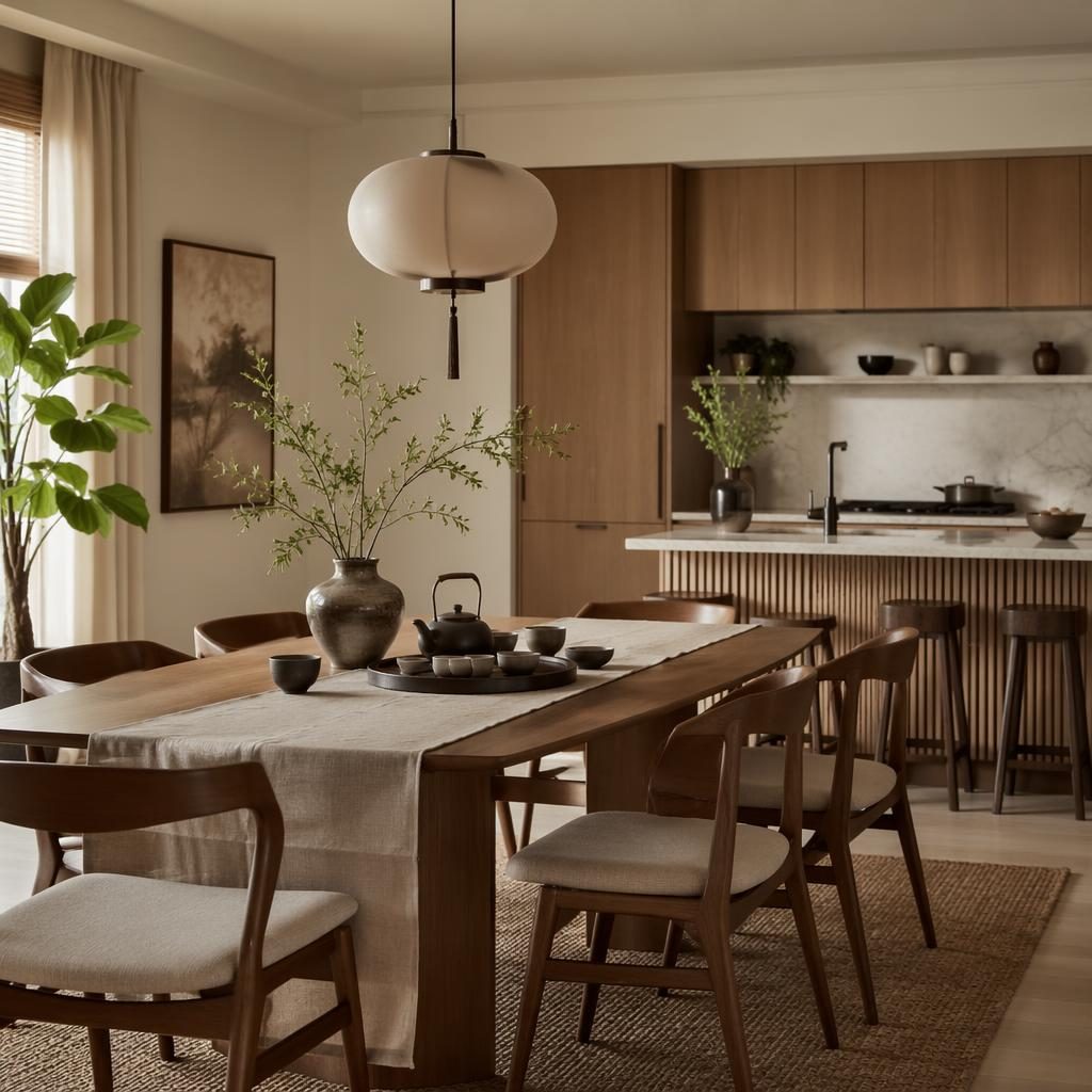 Render fotográfico de tea room japandi con mesa de comedor decorada, cocina art déco en tonos neutros y luz natural.