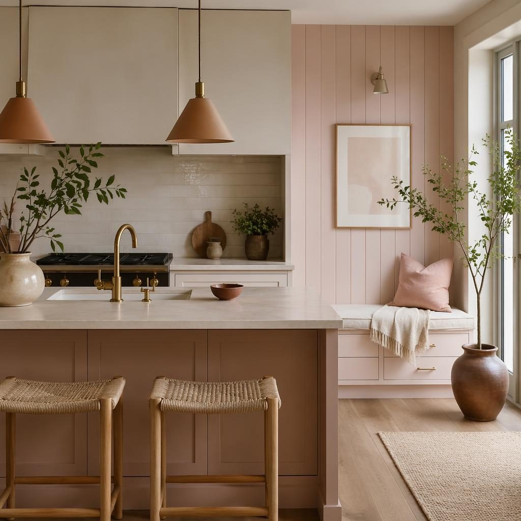 Cocina farmhouse moderna en rosa pastel y beige, con madera natural, plantas, arte textil y luz difusa suave.