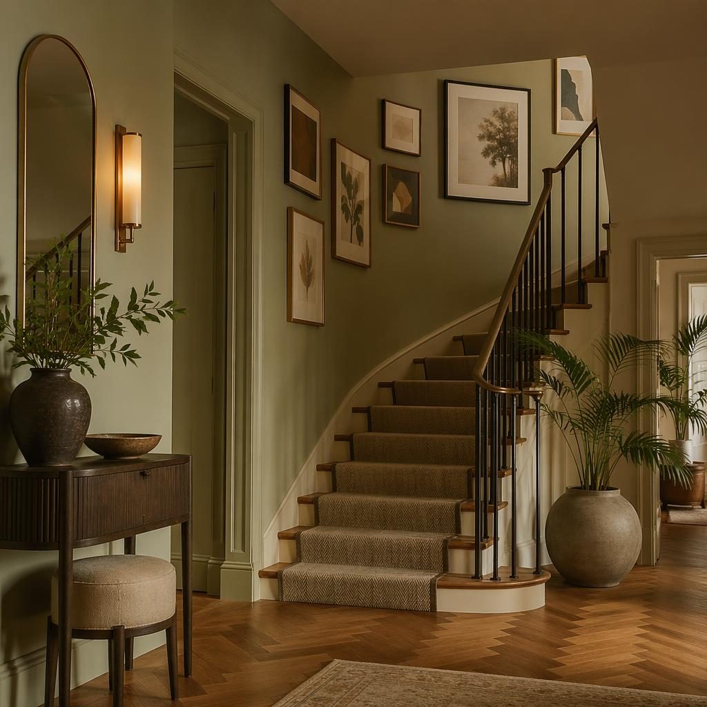 Recibidor art déco con escalera, tonos tierra, materiales naturales, plantas, textiles y luz ambiental cinematográfica.