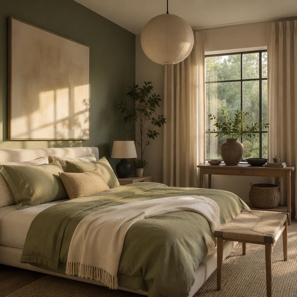 Dormitorio sage y crema con luz dorada, textiles suaves, plantas, arte mural y materiales naturales, sin personas.