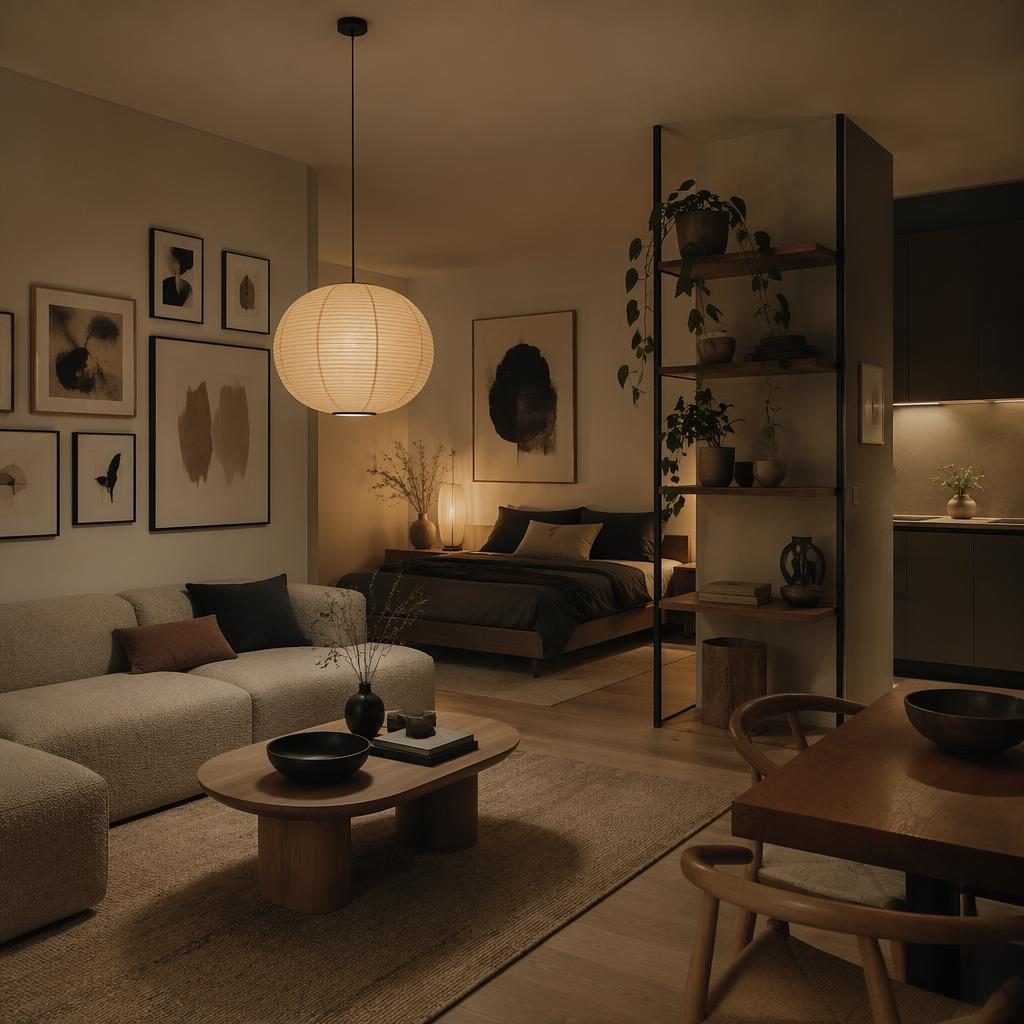 Japandi-Badezimmer mit warmen Neutraltönen, Naturmaterialien, Pflanzen, Kunst und textilem Dekor in moody Licht