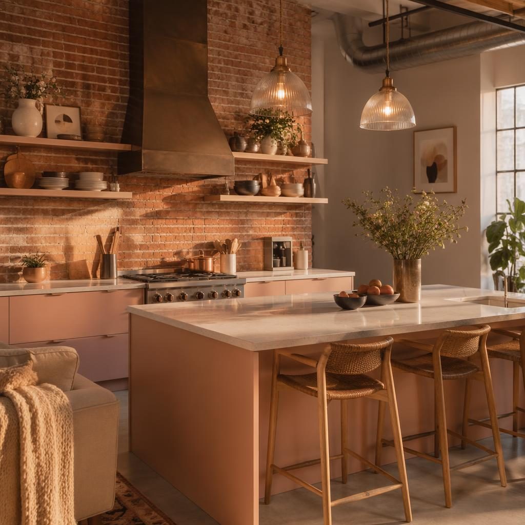Luxury industrial brick kitchen in pastel pink and beige with plants, art, textiles, and golden hour light