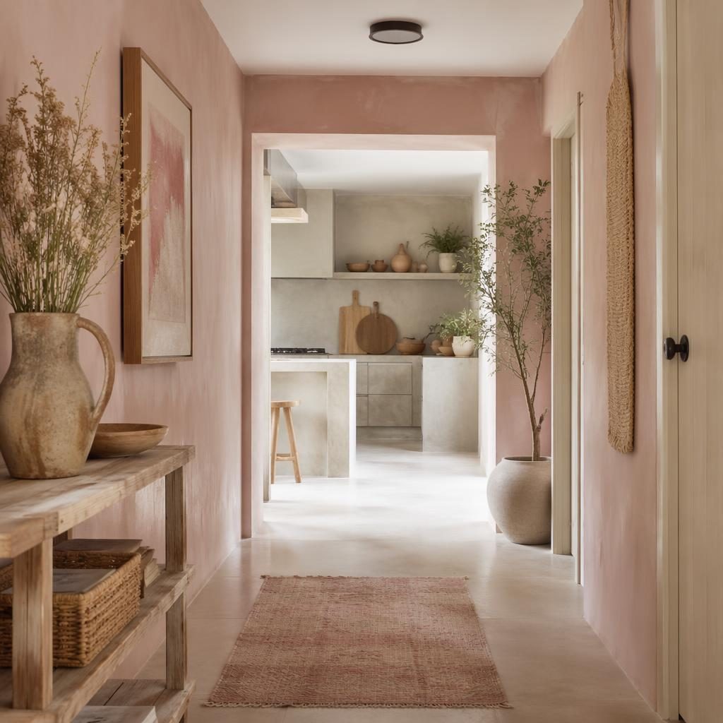 Entrée de maison style campagne chic aux tons rose pastel et beige, avec cuisine en béton minimaliste, plantes et lumière douce.