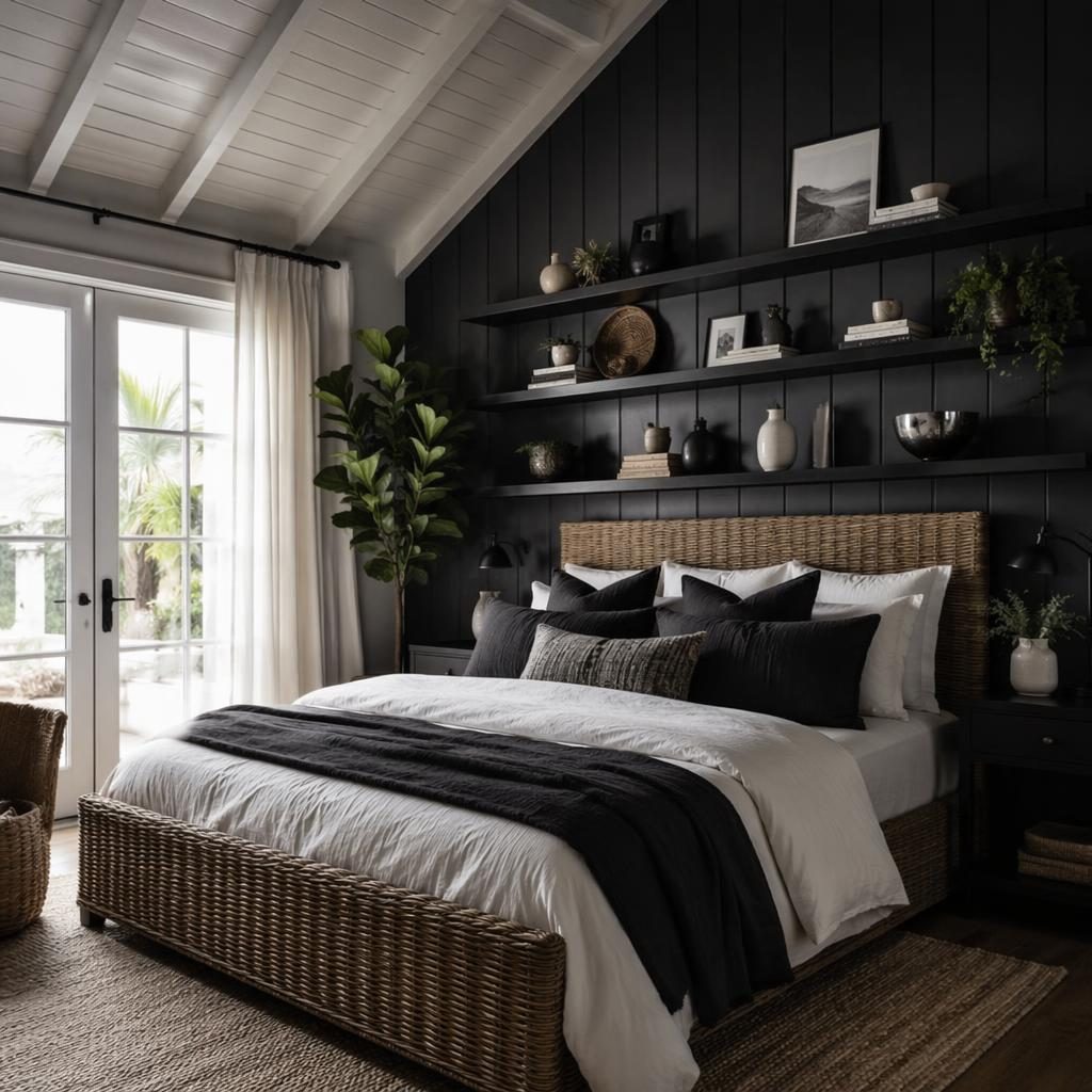 Dormitorio farmhouse en blanco y negro con repisas, ratán, textiles, plantas y luz natural en estilo costero