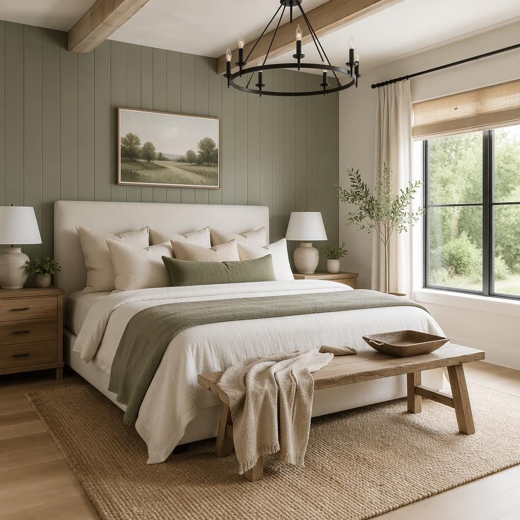Modern farmhouse kitchen in sage and cream tones with wood accents, plants, art, textiles, and soft daylight