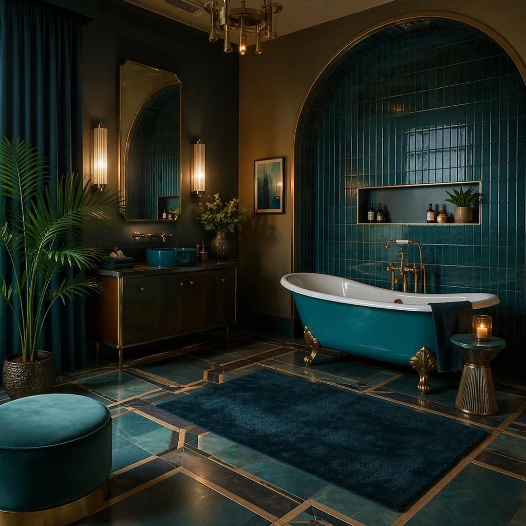 Moody mid-century living room with turquoise decor, blue seating, brass accents, plants, textiles, and art.