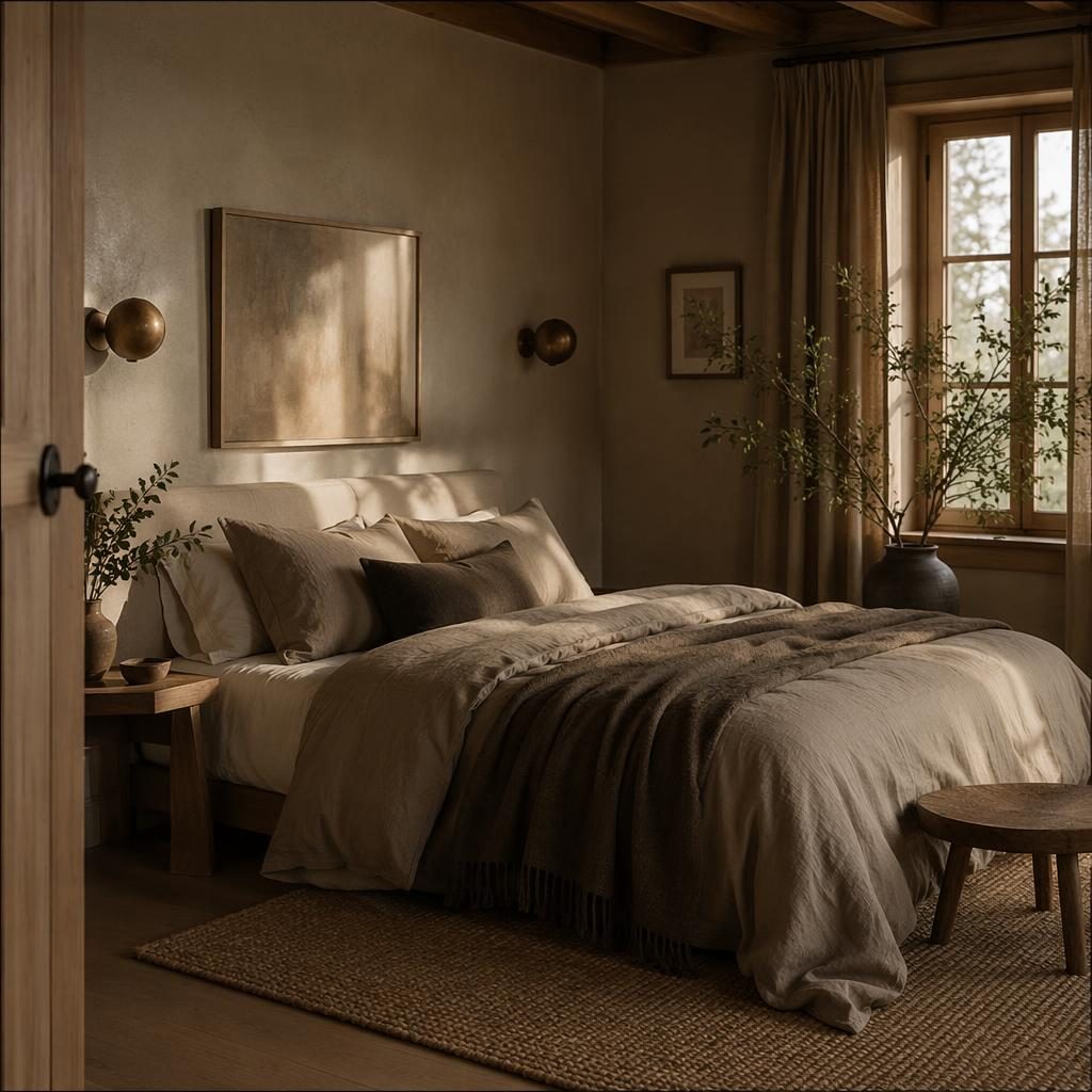 Scandinavian walk-in closet in earth tones at golden hour, with natural wood, textiles, plants, art, and muted wabi-sabi styling.