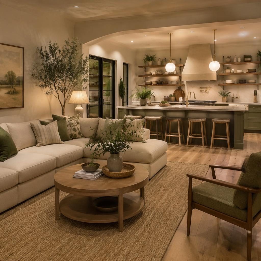 Realistic interior render of a coastal open shelving area with sage and cream tones, natural materials, plants, art, and textiles.