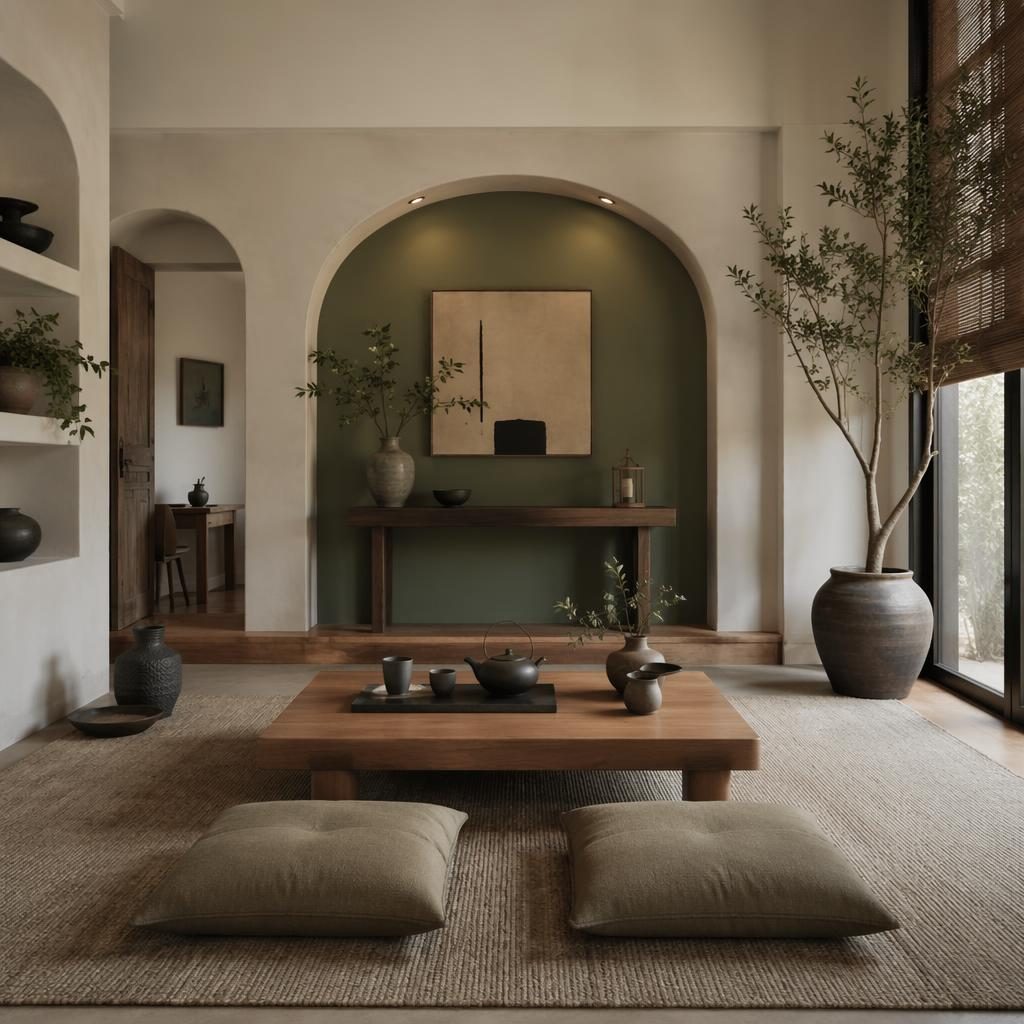 Luxury contemporary bedroom with japandi tea room styling, sage and cream palette, natural materials, plants and art.