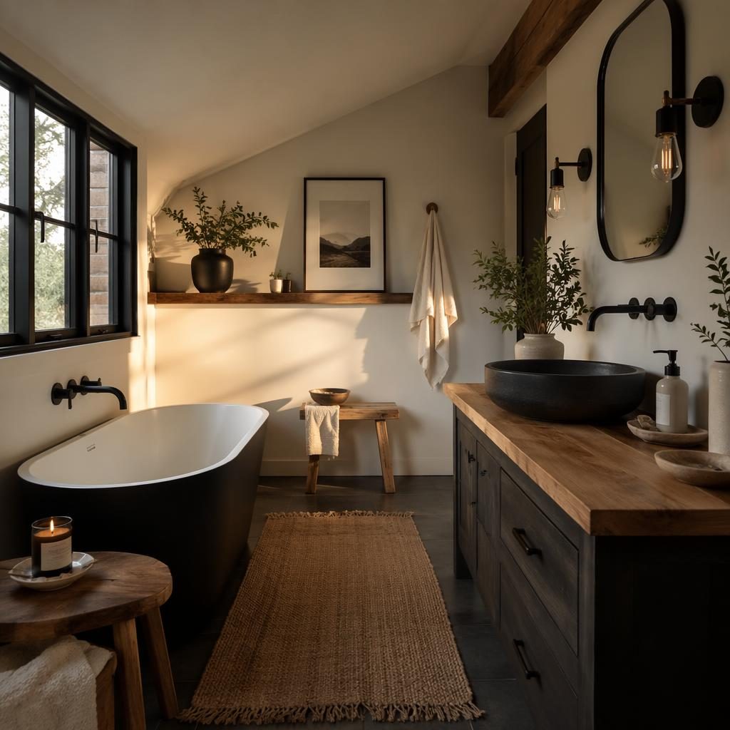 Baño estilo farmhouse en blanco y negro con luz dorada, materiales naturales, plantas, arte textil y composición fotográfica realista.