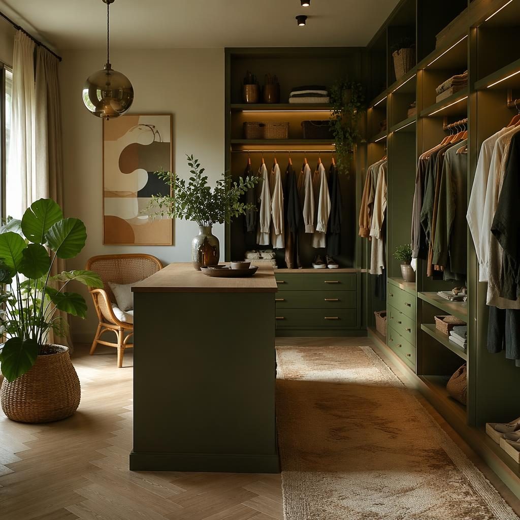 Boho begehbarer Kleiderschrank in Salbei und Creme mit Naturmaterialien, Pflanzen, Kunst und stimmungsvoller Beleuchtung