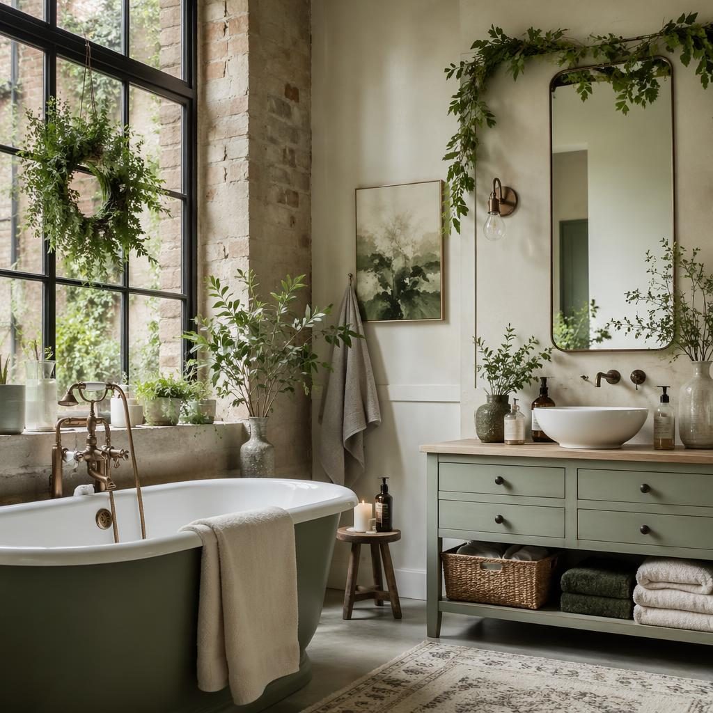 Coastal industrial loft bathroom with sage and cream palette, soft daylight, natural materials, plants, art and garland decor.