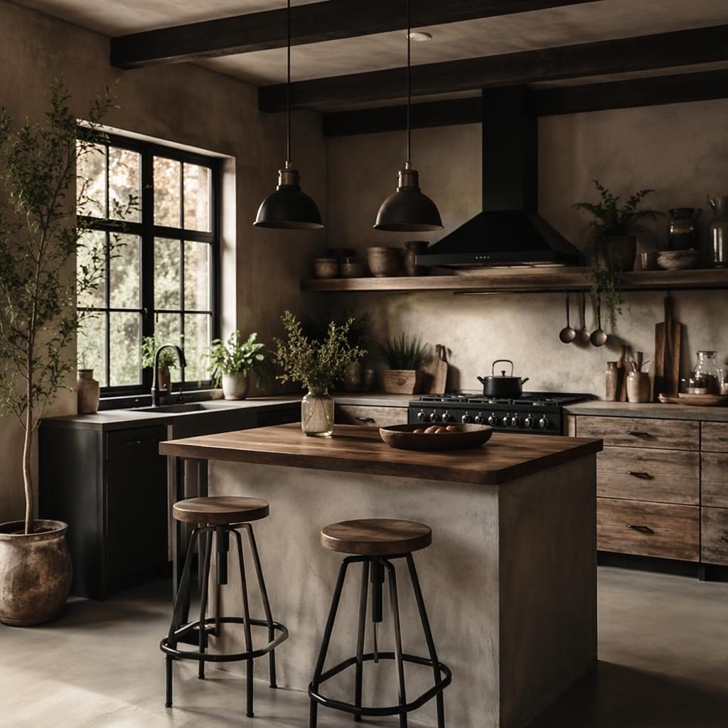Cocina moderna estilo farmhouse con detalles industriales, madera natural, tonos cálidos neutros, plantas y luz ambiental