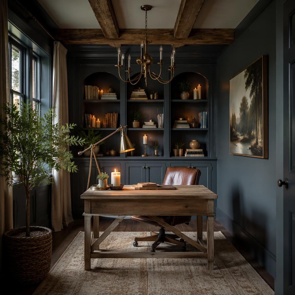 farmhouse home office interior design concept, blue and brass colour palette, cinematic moody. Realistic photographic re