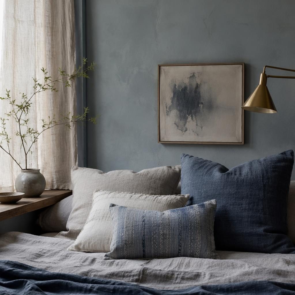 Rincón de lectura escandinavo con sillón, cojines azules, detalles de latón, plantas, arte textil y luz difusa.