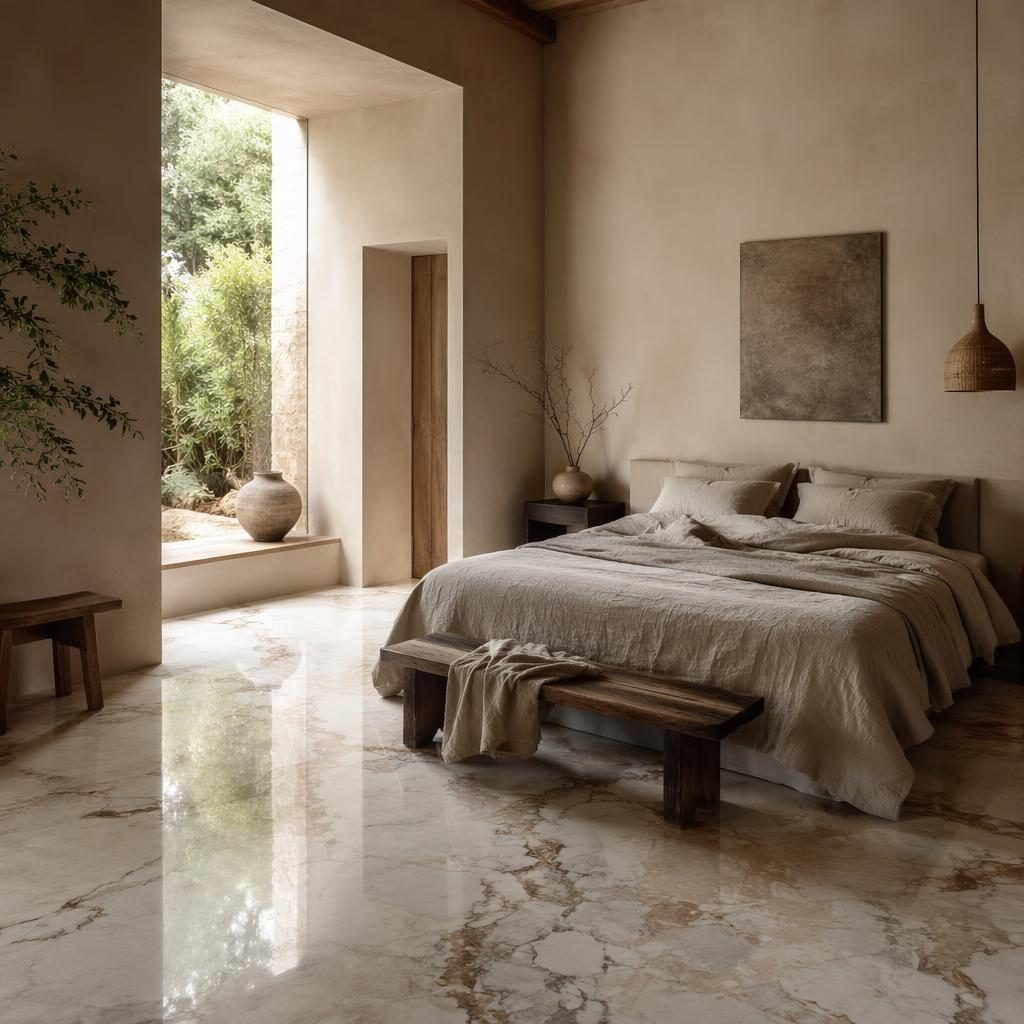 Realistic muted minimalist interior with warm neutral tones, marble floor, soft daylight, natural materials, plants, art, and textiles