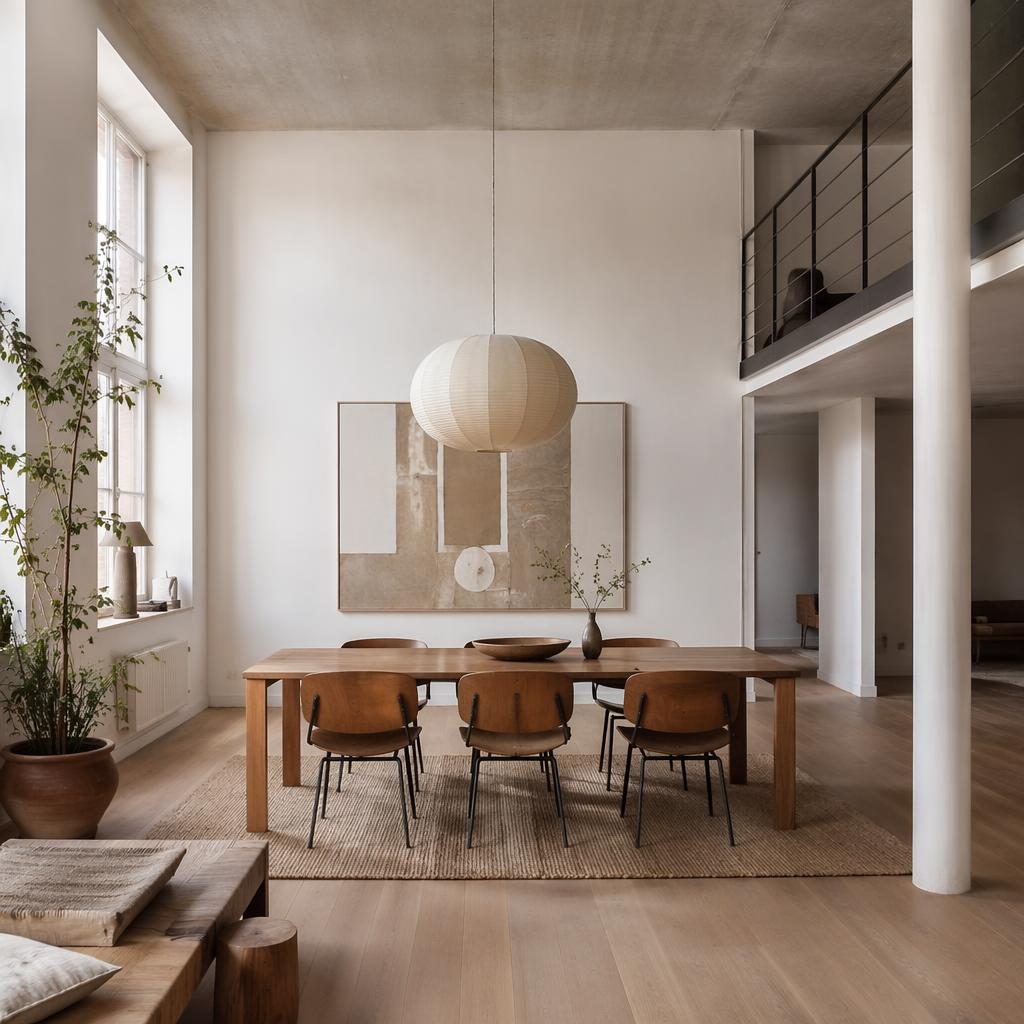 Minimalistisches White-Loft-Esszimmer mit warmen Naturtönen, Tageslicht, Holz, Pflanzen, Kunst und textilen Akzenten.