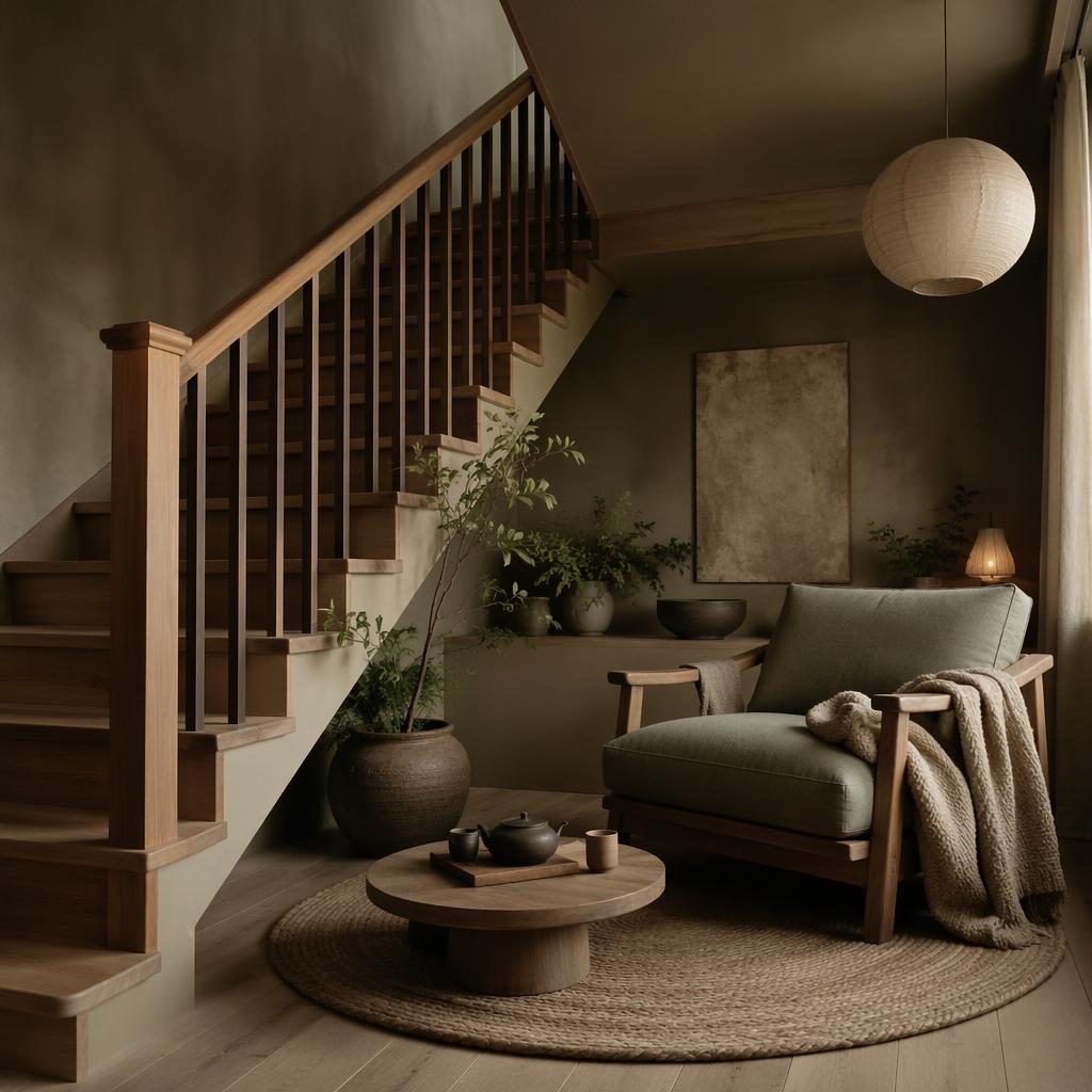 Moody Scandinavian reading nook with sage and cream tones, earthen tea room styling, natural materials, plants, art, and textiles.