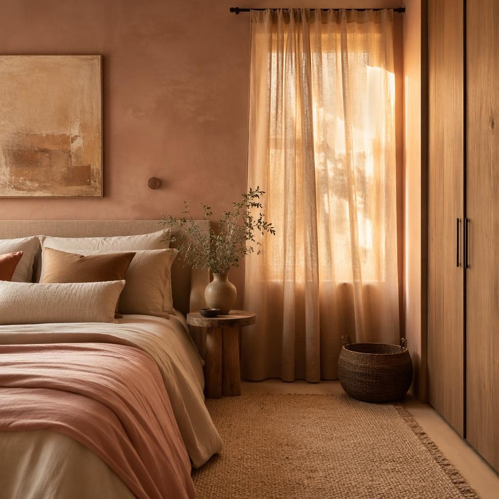 Scandinavian bedroom in pastel pink and beige with natural materials, plants, art, textiles, and warm golden hour light