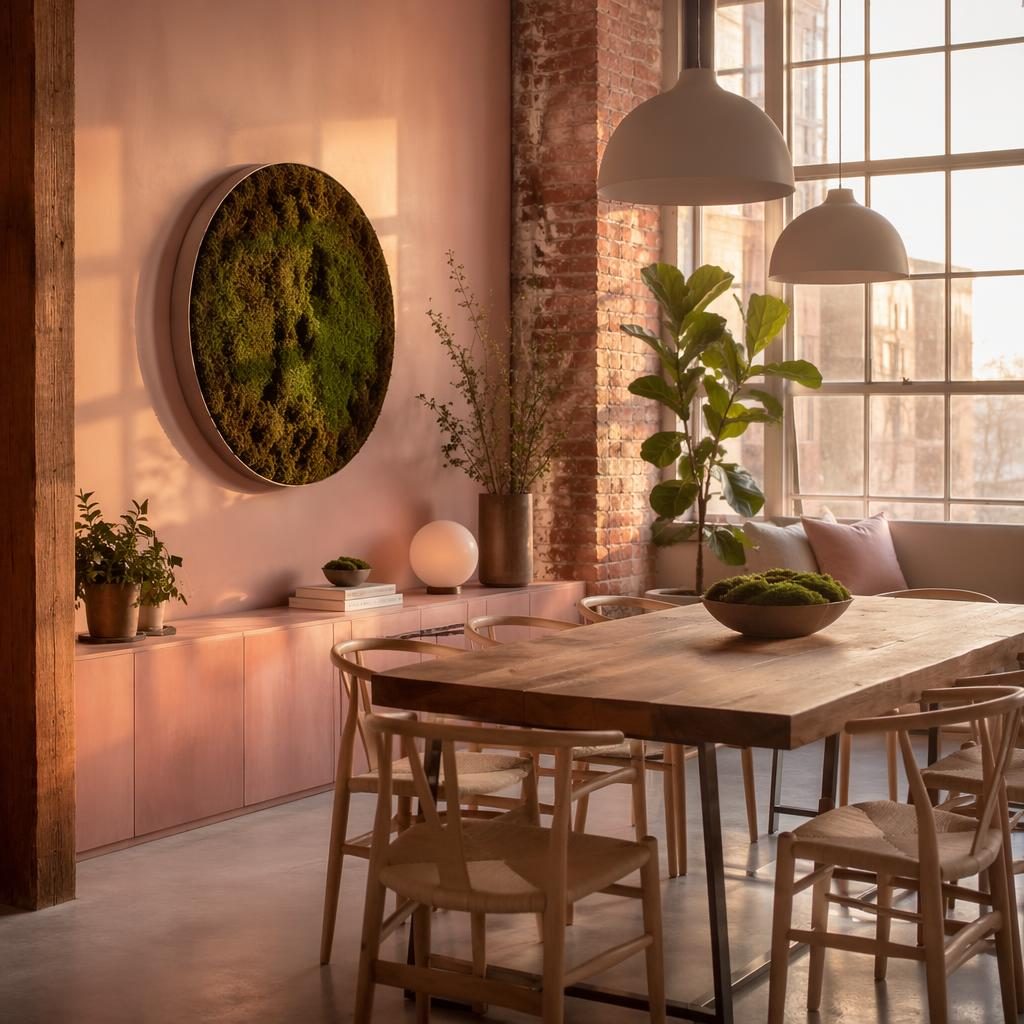Scandinavian loft dining room with pastel pink and beige palette, moss decor, plants, art, textiles, and golden hour light