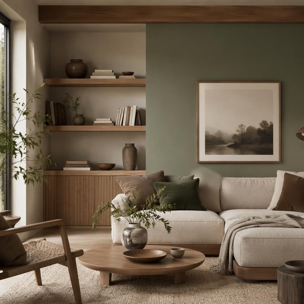 Japandi-Wohnzimmer mit Leseecke, Wohnwand in Erdtönen, Naturmaterialien, Pflanzen, Kunst, Textilien und weichem Tageslicht