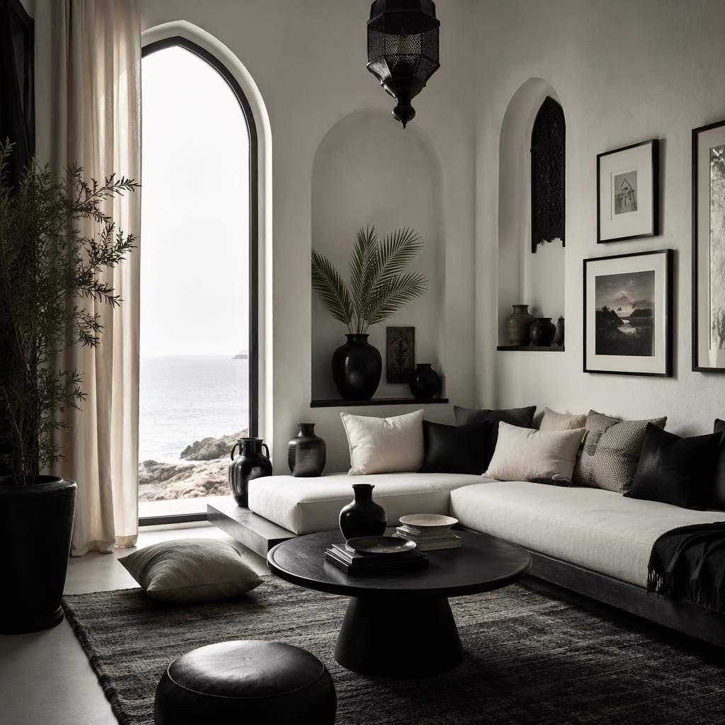 Rincón de lectura costero con salón estilo árabe minimalista, paleta blanco y negro, plantas, textiles y arte mural.