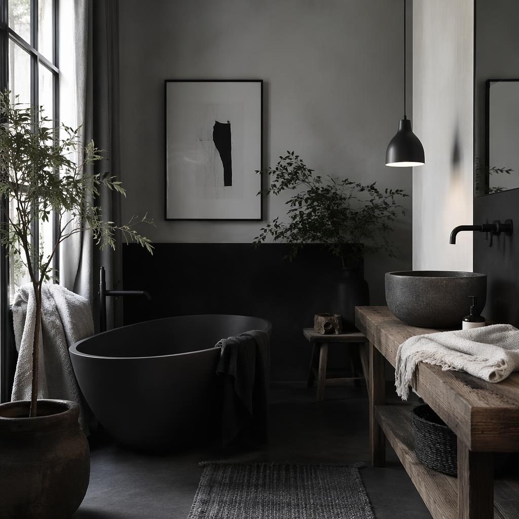 Salle de bain scandinave au style industriel, palette noir et blanc, lumière douce, matières naturelles, plantes et textiles.