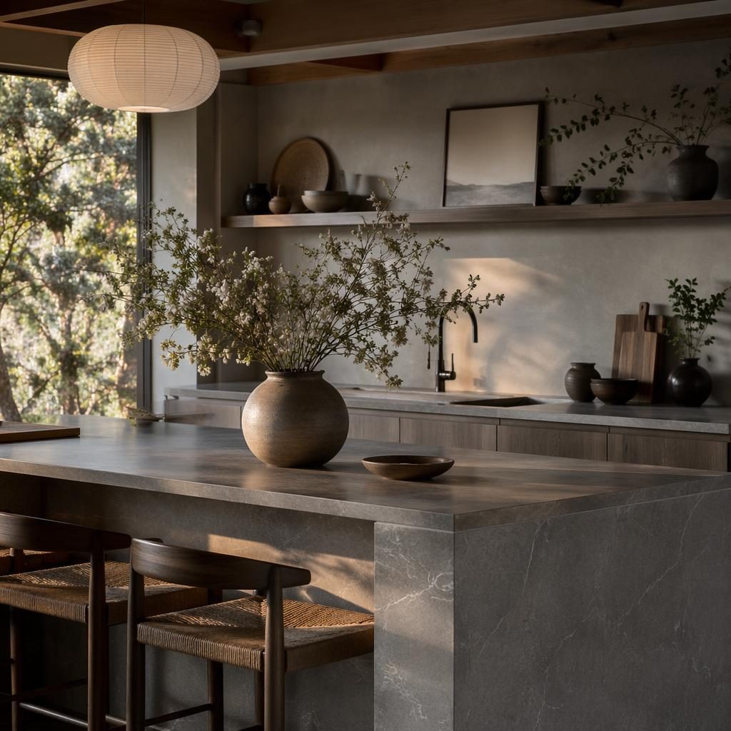 Boho Japandi kitchen interior with grey palette, island, vase, plants, textiles, and golden hour light