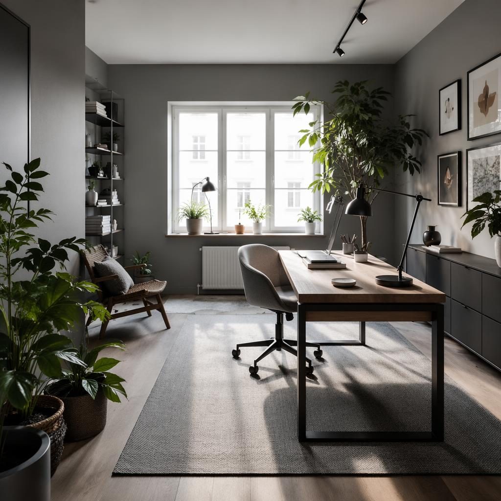 Skandinavisches Schlafzimmer in kühlen Grautönen mit Tageslicht, Naturmaterialien, Pflanzen, Kunst und Textilien.