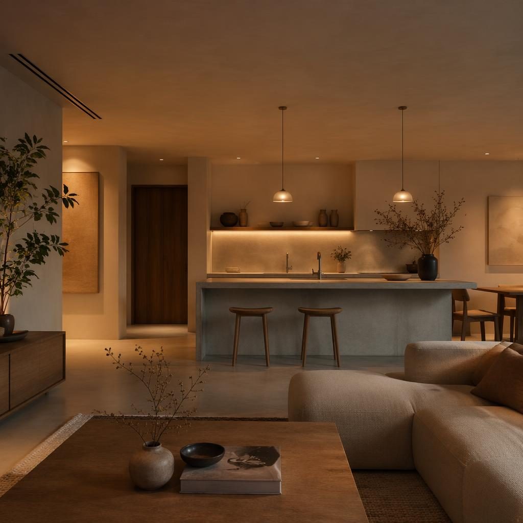 Japandi-Wohnzimmer mit warmer neutraler Farbpalette, minimalistischer Betonküche, Pflanzen, Kunst und Textilien