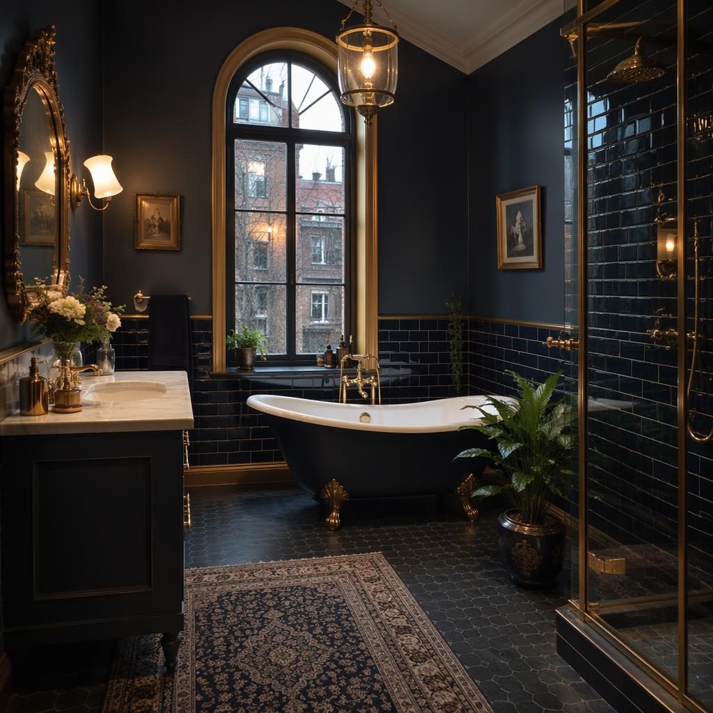 Luxury contemporary spa bathroom with victorian theme details, brass fixtures, blue accents, warm evening light and plants.