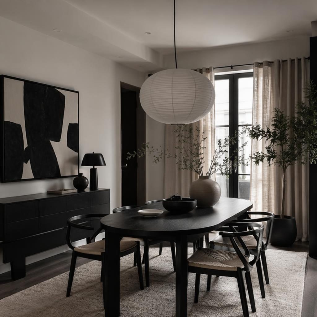 Moody Scandinavian dining room in black and white with natural materials, plants, art, textiles, and soft ambient depth.