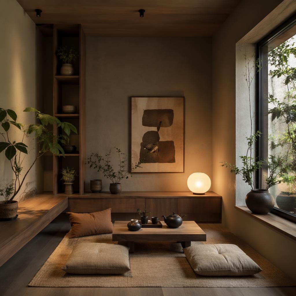 Japandi-Teeraum mit skandinavischer Küche in Erdtönen, Naturmaterialien, Pflanzen, Kunst und Textilien, ohne Menschen