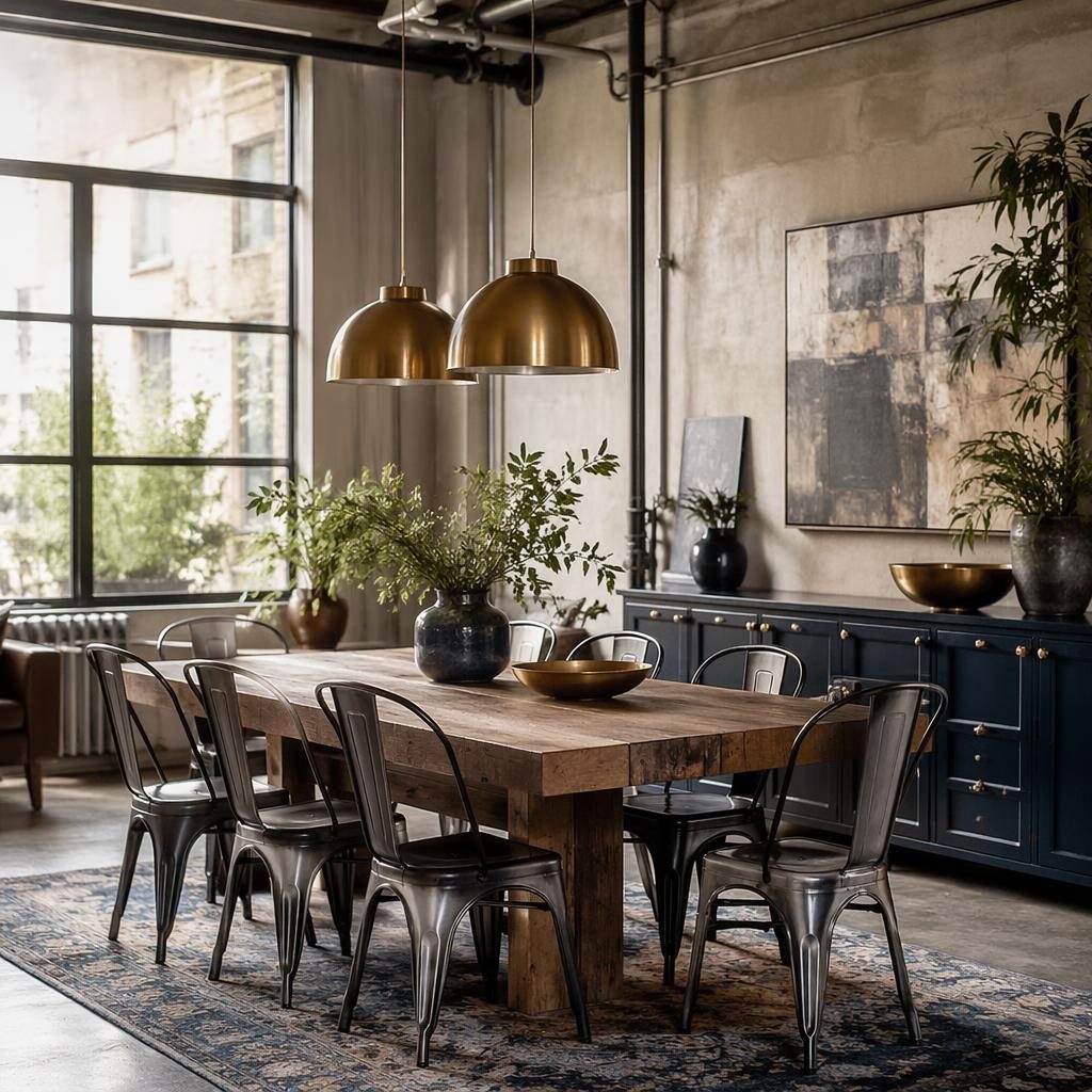 Industrial interior render with blue and brass palette, exposed pipes, natural materials, plants, art, and soft daylight