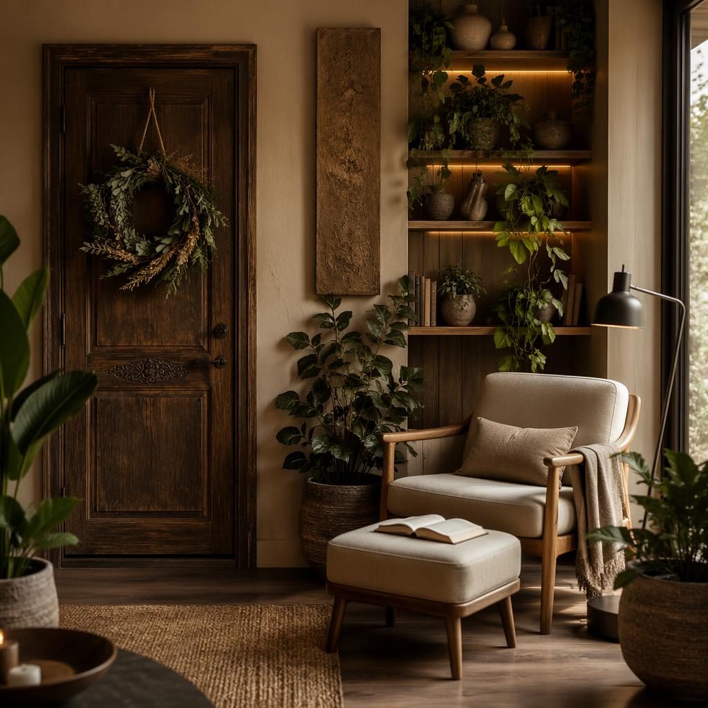 Salon contemporain aux tons terre avec coin lecture bohème, plantes, textiles, art mural et lumière tamisée.