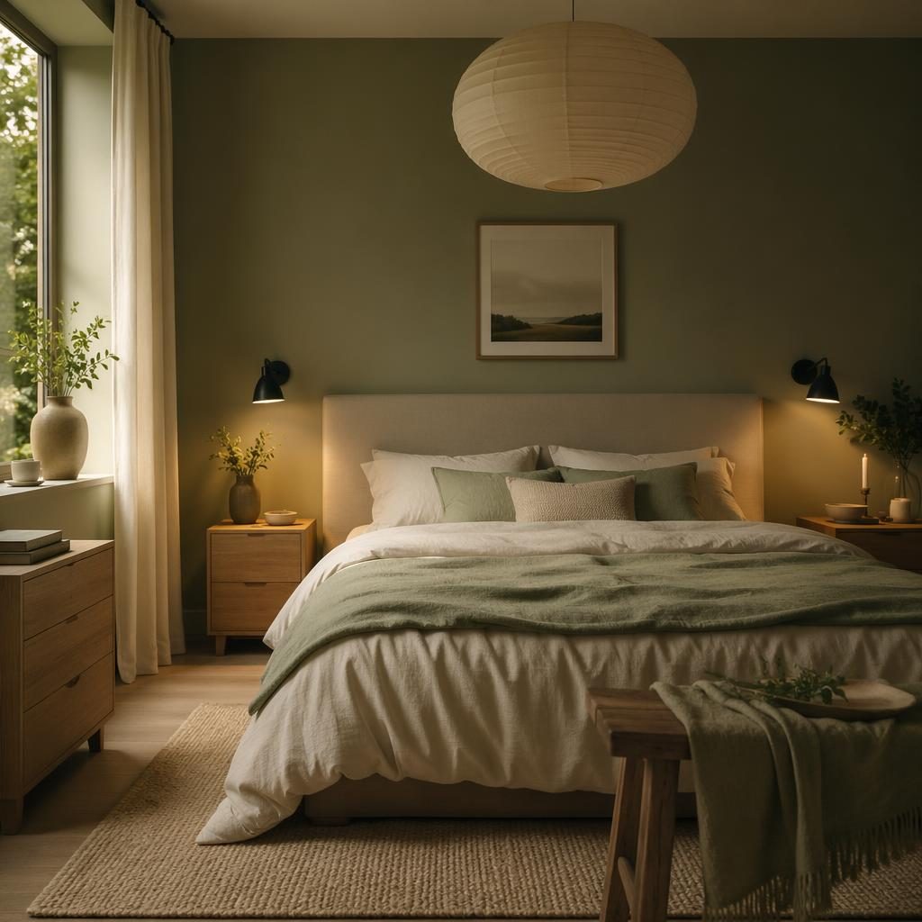 Salle à manger scandinave en tons sauge et crème, lumière du soir, matériaux naturels, plantes et décoration minimaliste.