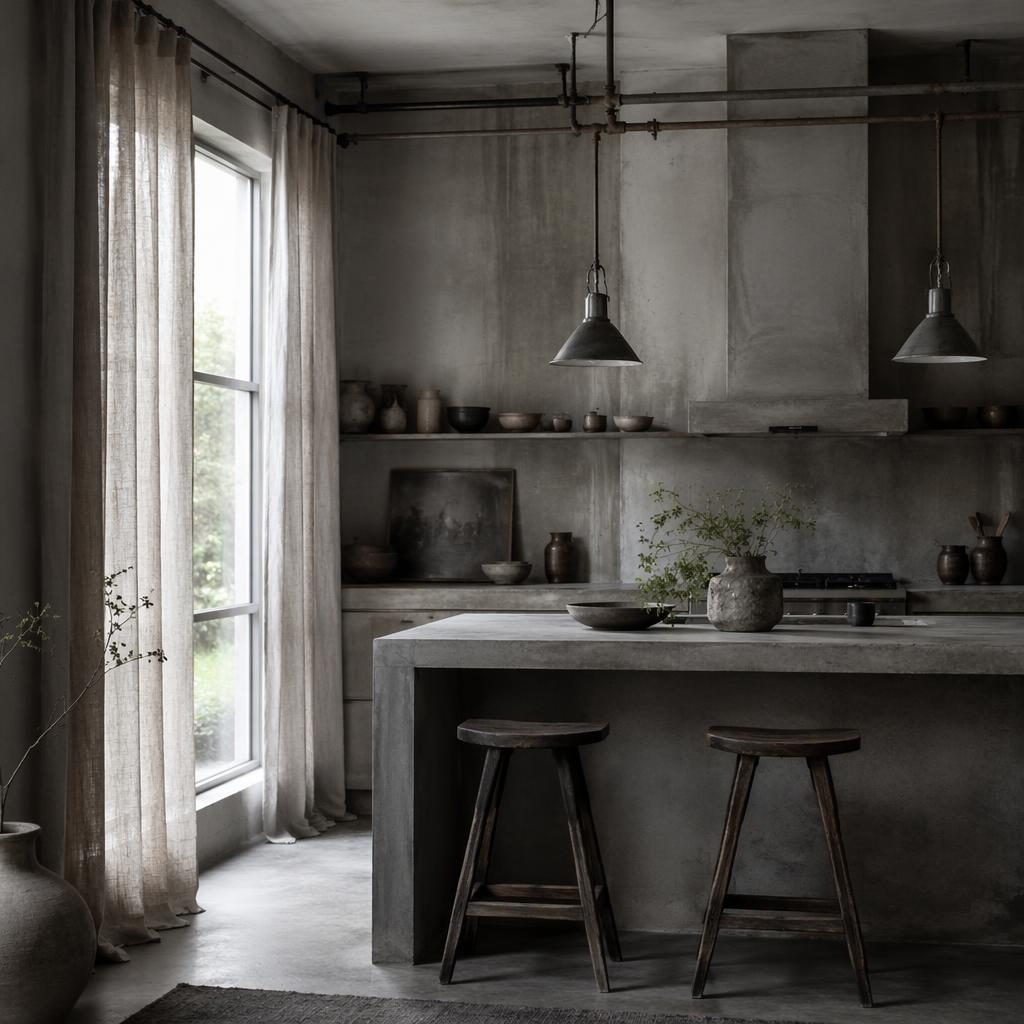 Cocina wabi-sabi en tonos grises con tuberías industriales, materiales naturales, plantas, arte y textiles, sin personas.