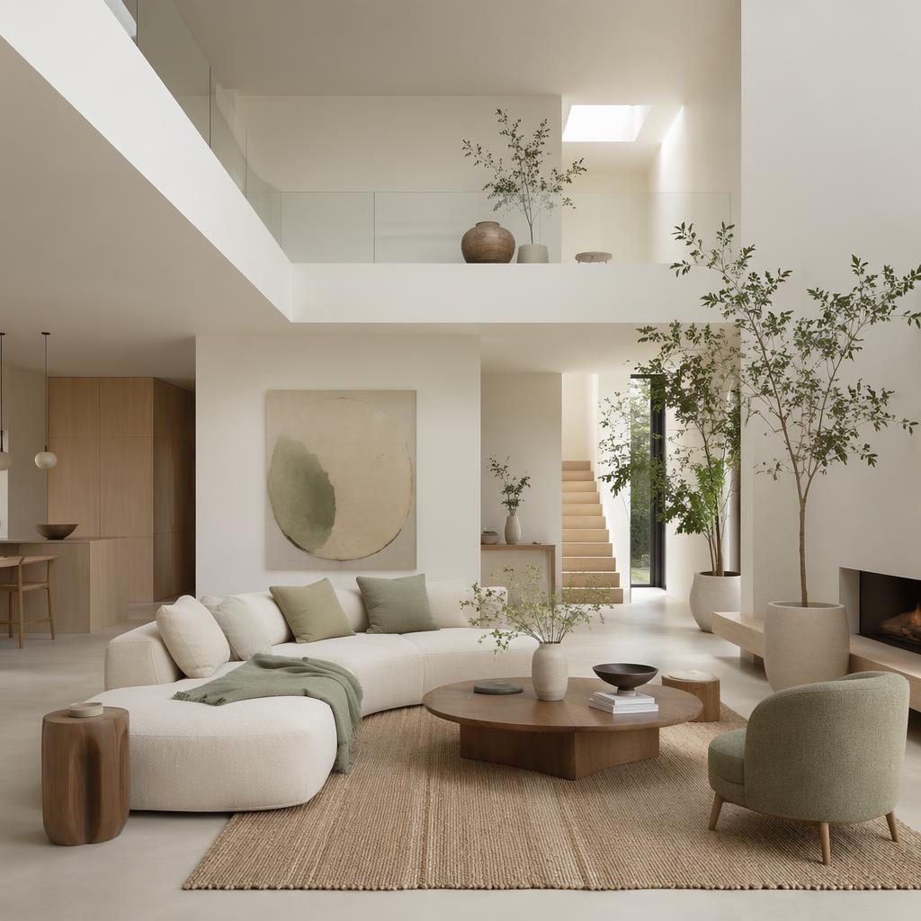 Salon japandi dans un loft blanc minimaliste, palette sauge et crème, lumière douce, plantes, art et textiles.